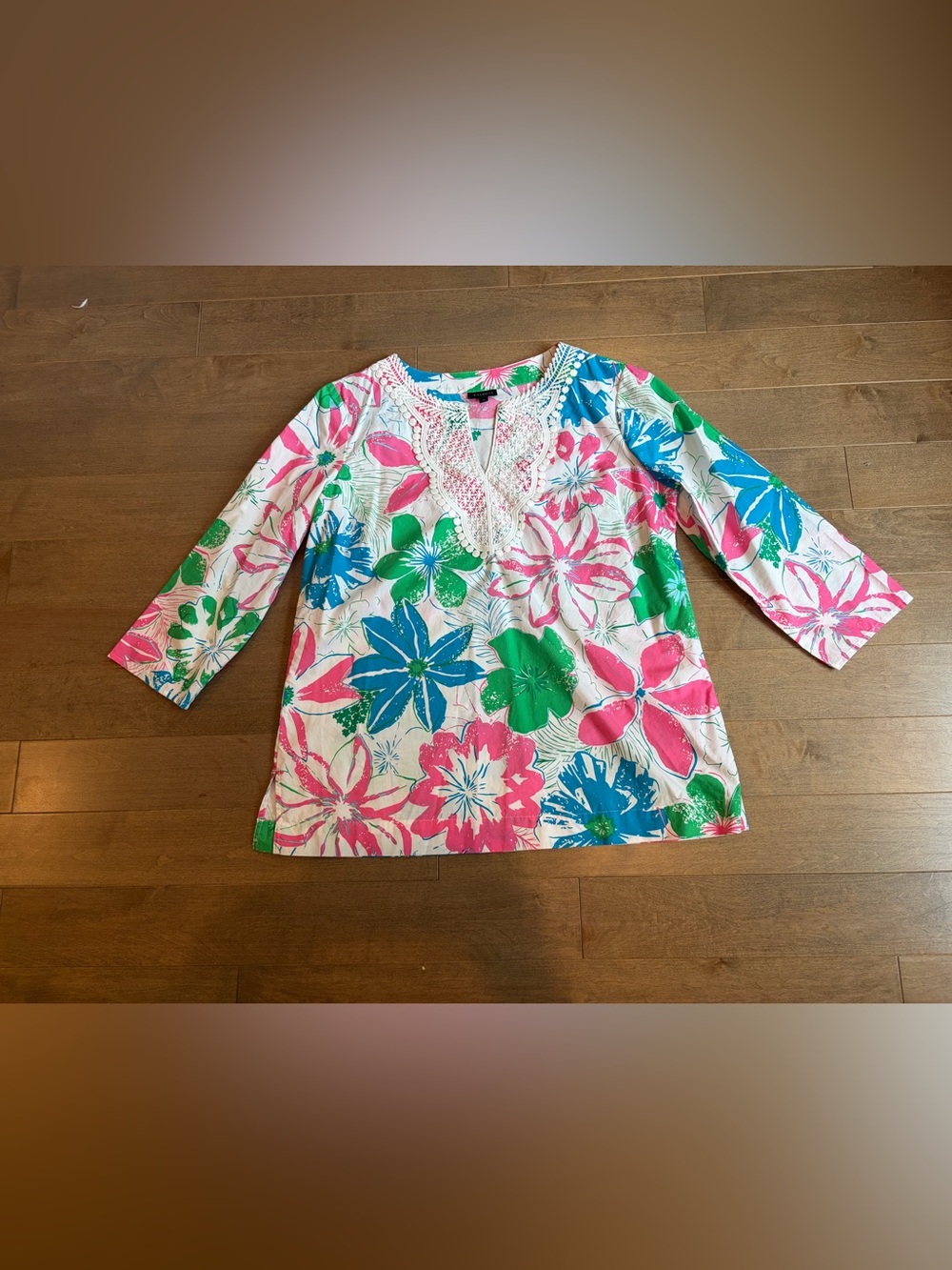 Talbots Floral Embroidered Tunic Pink Blue Size Medium